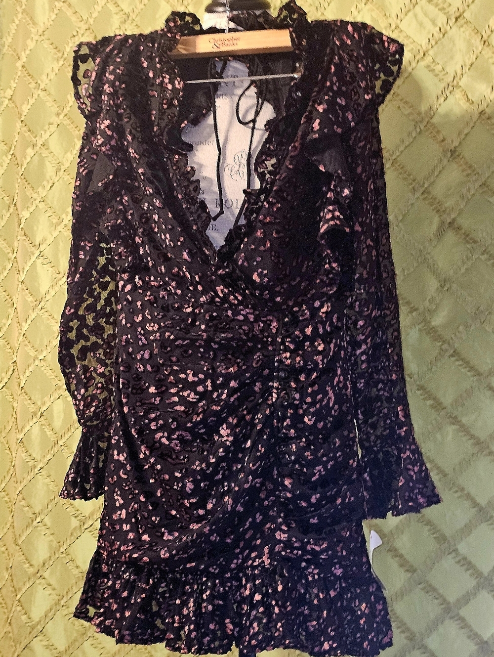 Black Floral Ruffle V-Neck Mini Dress with Pink Accents